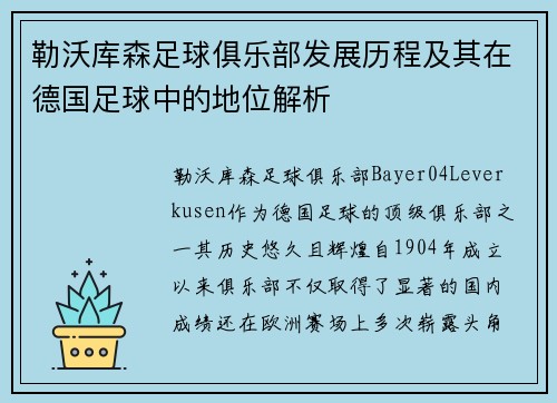 勒沃库森足球俱乐部发展历程及其在德国足球中的地位解析