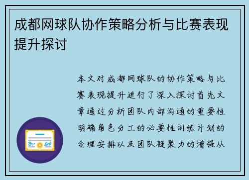 成都网球队协作策略分析与比赛表现提升探讨
