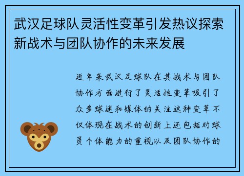 武汉足球队灵活性变革引发热议探索新战术与团队协作的未来发展
